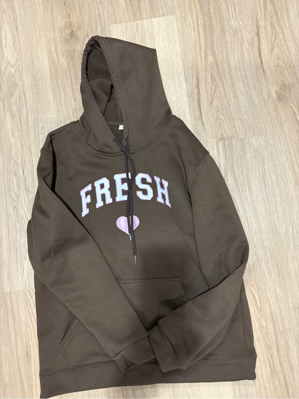 Brown "FRESH" Hoodie with Pink Heart Graphic